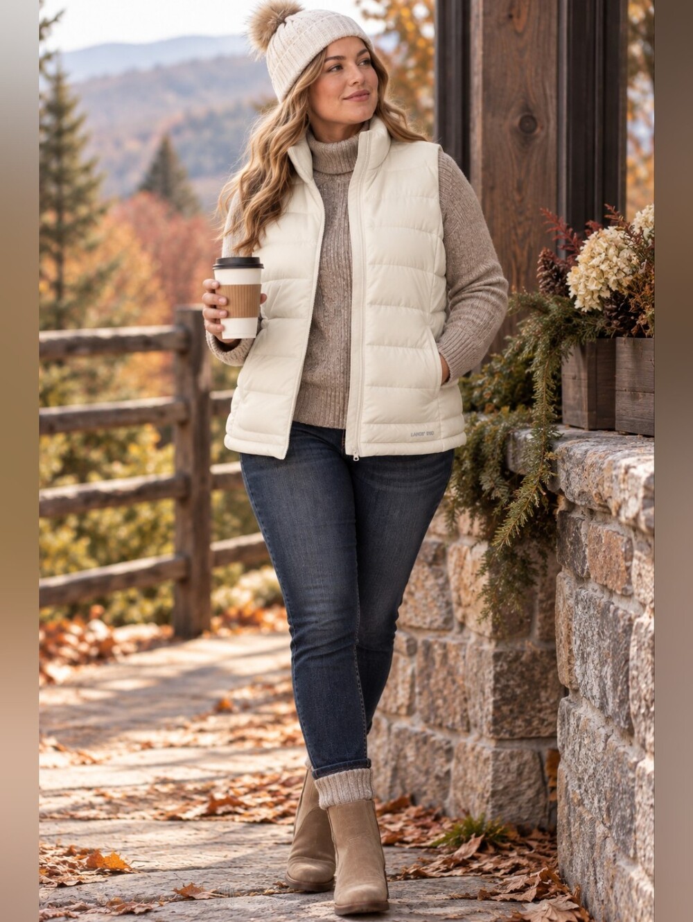 LANDS' END Ivory Quilted Down Puffer Vest Cozy Layering